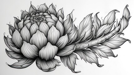 a black and white drawing of a flower on a sheet of paper with a pencil drawing of a flower on top of it.