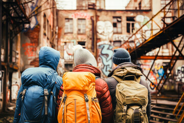 Three friends with backpacks exploring an urban area filled with vibrant graffiti and abandoned buildings.