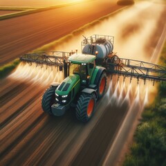 Modern Tractor Spraying Rural Farmland