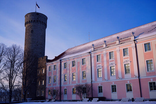 Tall Hermann and the estonian parliament in winter
