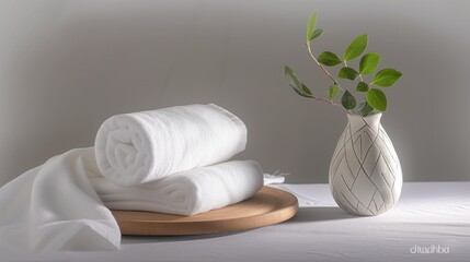 Fototapeta na wymiar Elegant Spa Towels on Wooden Tray with Ceramic Vase and Greenery for Luxurious Wellness Concept