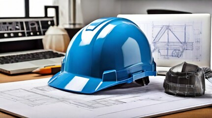 blue print civil engineering drawings and work safety helmets
