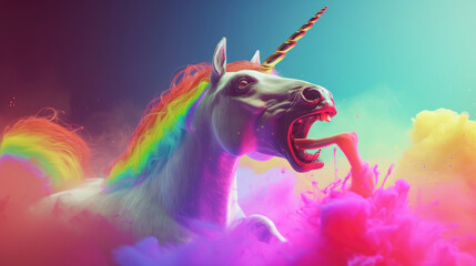 A colorful unicorn puking in rainbow colors - obrazy, fototapety, plakaty