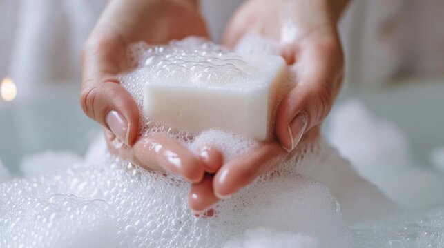 A woman holds white soap in her hands over a fragrant foam bath. She washes her hands, showcasing daily skincare.