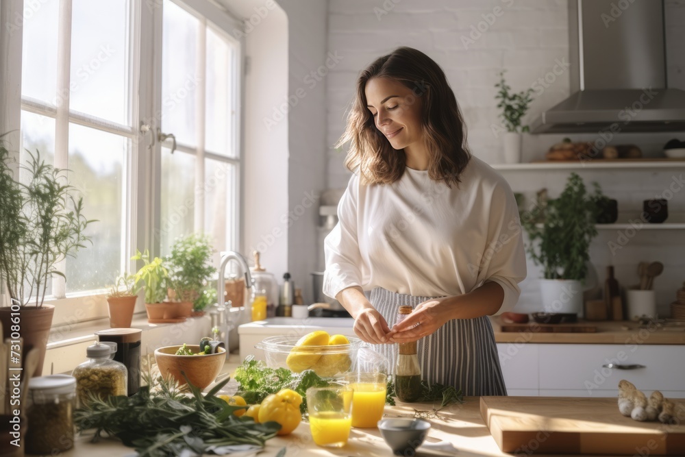 Wall mural 40 year old mid-aged woman cooking Mediterranean food using seasonings and spices in an all white classic kitchen