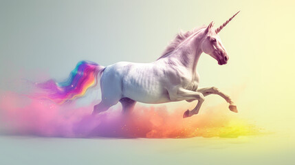 Obraz na płótnie Canvas A white unicorn with a rainbow-colored tail riding over a cloud
