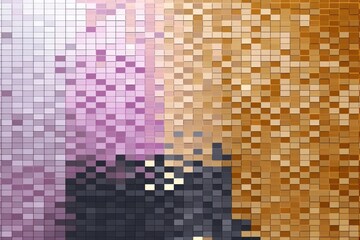 Gold pixel pattern artwork, intuitive abstraction, light magenta and dark gray, grid