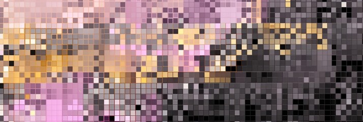 Gold pixel pattern artwork, intuitive abstraction, light magenta and dark gray, grid