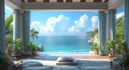 A luxurious beachfront resort with a stunning view of the ocean, complete with palm trees, a sparkling pool, and sun loungers, seen through a large window in the building's wall