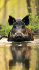 Wild boar (Sus scrofa), a male Eurasian wild pig, in its natural habitat of the swamp during springtime.