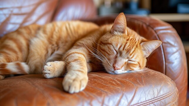 Charming lazy cat taking a peaceful nap on a comfortable couch in a cozy home environment
