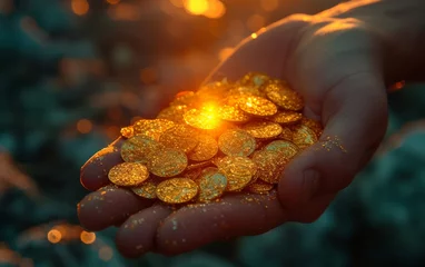 Fotobehang A person's hand basks in the outdoor heat as they hold a gleaming pile of amber gold coins, evoking feelings of wealth and warmth © familymedia