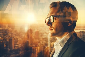 Businessman with glasses, overlaid with a city, portraying deep thought about business strategy.