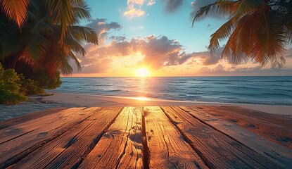 A vibrant sunset paints the sky with shades of pink and orange, casting a warm glow over the tranquil beach lined with swaying palm trees, creating a breathtaking tropical landscape