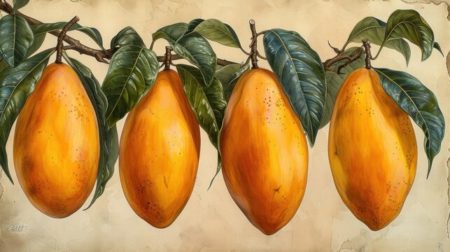 a painting of a group of mangoes hanging from a tree branch with green leaves on a cream colored background.