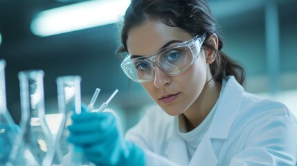 A young female scientist uses a pipette to fill a chemical while working in a laboratory.