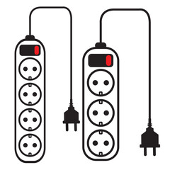 Cable de extensión regleta de 3 y 4 vías con interruptor. Vector 