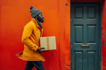 A fashion-forward man stands proudly in front of a red door, sporting a vibrant yellow coat and hat while carrying a mysterious box, adding an air of intrigue to the bustling city street
