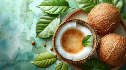 a couple of coconuts sitting on top of a plate next to leaves and a cup of coffee on a table. - obrazy, fototapety, plakaty