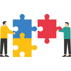 teamwork concept, Project team collaboration, teamwork, partnership or colleagues working together to solve problems and achieve success, businessmen colleagues working together on a jigsaw puzzle.