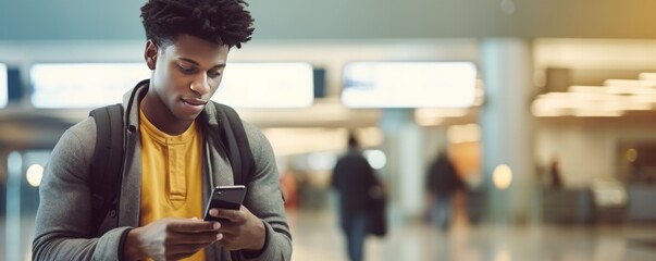 A young Afro man at the airport looks at the list of destinations while holding a cell phone, checking departure schedules of planes. - Powered by Adobe