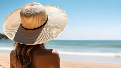 A girl in a swimsuit and a straw hat on her head on the beach by the sea.