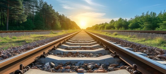 Tranquil and scenic view of a railway track disappearing into the horizon during a beautiful sunset