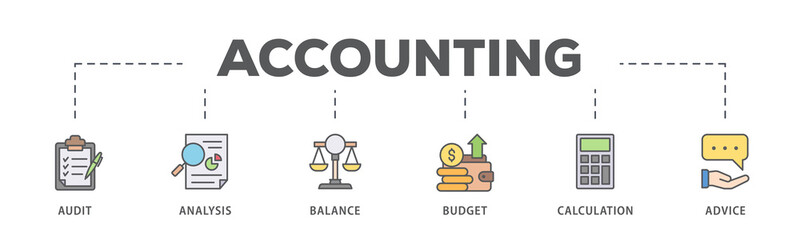 Accounting banner web icon illustration concept for business and finance with an icon of the audit, analysis, balance, budget, calculation, and advice