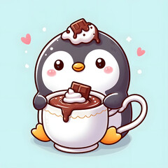Cute and funny cartoon sticker of a penguin drinking a hot chocolate