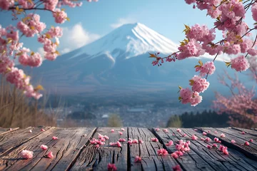 Raamstickers Fuji Empty_wooden_table_in_spring_with fuji mountain 10