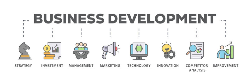 Business development banner web icon illustration concept with icon of strategy, investment, management, marketing, technology, innovation, competitor analysis, improvement