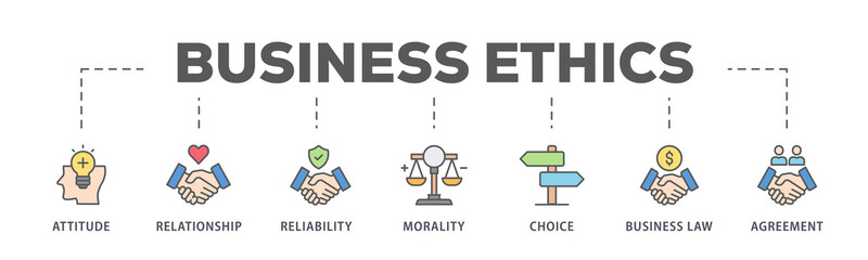 Business ethics banner web icon illustration concept with icon of attitude, relationship, reliability, morality, choice, business law and agreement