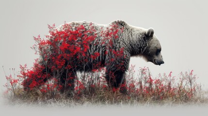 a bear that is standing in the grass with red flowers on it's back and it's face to the side.