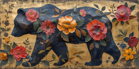 a painting of a bear with flowers painted on it's body and on the back of it's body.