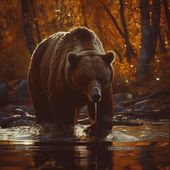 A large brown bear fishing in a forest river during autumn. Made with generative ai