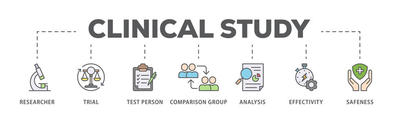 Clinical study banner web icon illustration concept for clinical trial research with an icon of researcher, trial, test person, comparison group, analysis, effectivity, and safeness