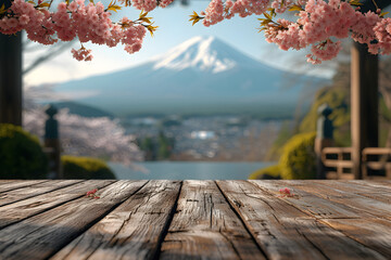 Naklejka na ściany i meble Empty_wooden_table_in_spring_with fuji mountain 8