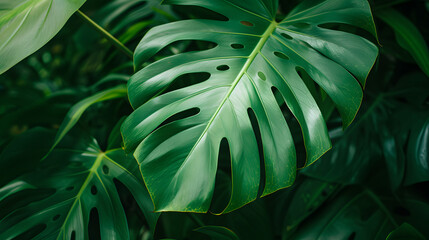 Green leaves of Monstera philodendron plant growing in wild, the tropical forest plant, evergreen vines abstract color on dark background.