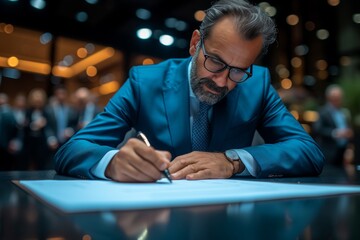 A focused man in a sharp suit, his glasses perched on his human face, sits indoors, scribbling away on a paper with determination - obrazy, fototapety, plakaty