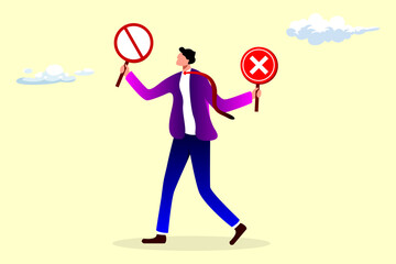 Forbidden, prohibited or restriction, stop sign caution or banned attention, illegal, wrong or false information to avoid, risk and danger concept, businessman holding forbidden crossed and stop sign.