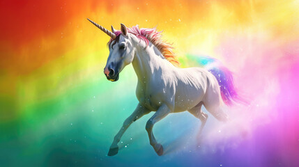 A white unicorn with a pink mane riding through a rainbow-colored cloud in the sky