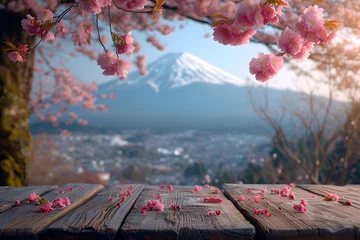 Raamstickers Fuji Empty_wooden_table_in_spring_with fuji mountain 6