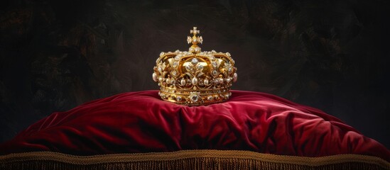 Monarchy's ceremonial symbol: a jeweled golden crown atop a crimson velvet cushion