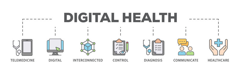 Digital health banner web icon illustration concept for technology in medical healthcare with icon of e-health, telemedicine, interconnected, smartwatch, diagnosis, email, and medical app - obrazy, fototapety, plakaty
