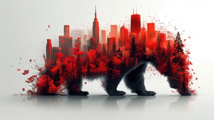 a bear that is standing in front of a picture of a city with red trees on the side of it.