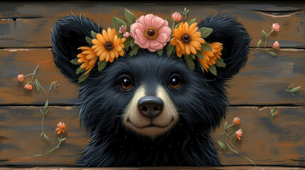 a painting of a black bear with flowers on it's head sitting on a wooden planked surface with flowers on its head.