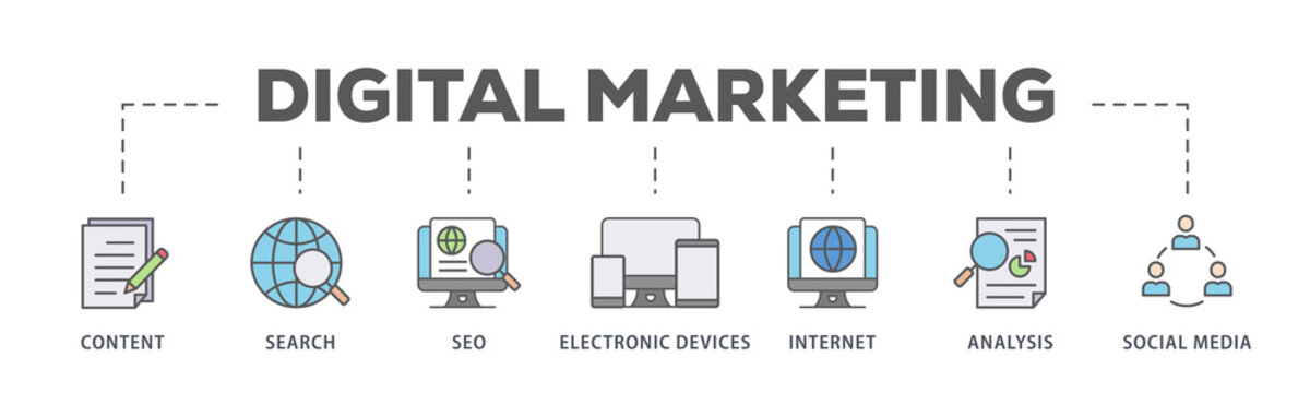 Digital marketing banner web icon illustration concept with icon of content, search, seo, electronic devices, internet, analysis and social media