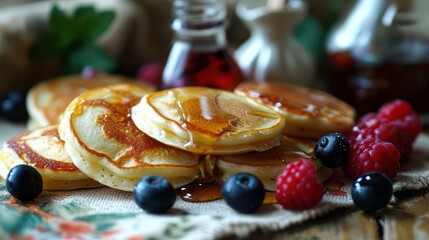 miniature pancakes with syrup and berries, featuring perfectly golden and fluffy tiny pancakes arranged on a mini breakfast scene