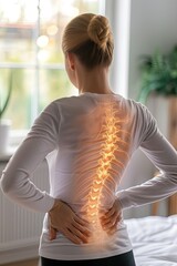 Digital composite of highlighted spine of woman with back pain at home. Digital composite shows the spine's vulnerability to back pain.