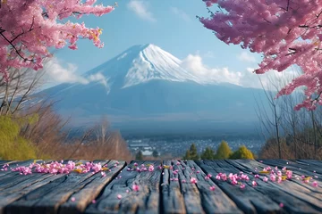 Foto auf Acrylglas Fuji Empty_wooden_table_in_spring_with fuji mountain 1